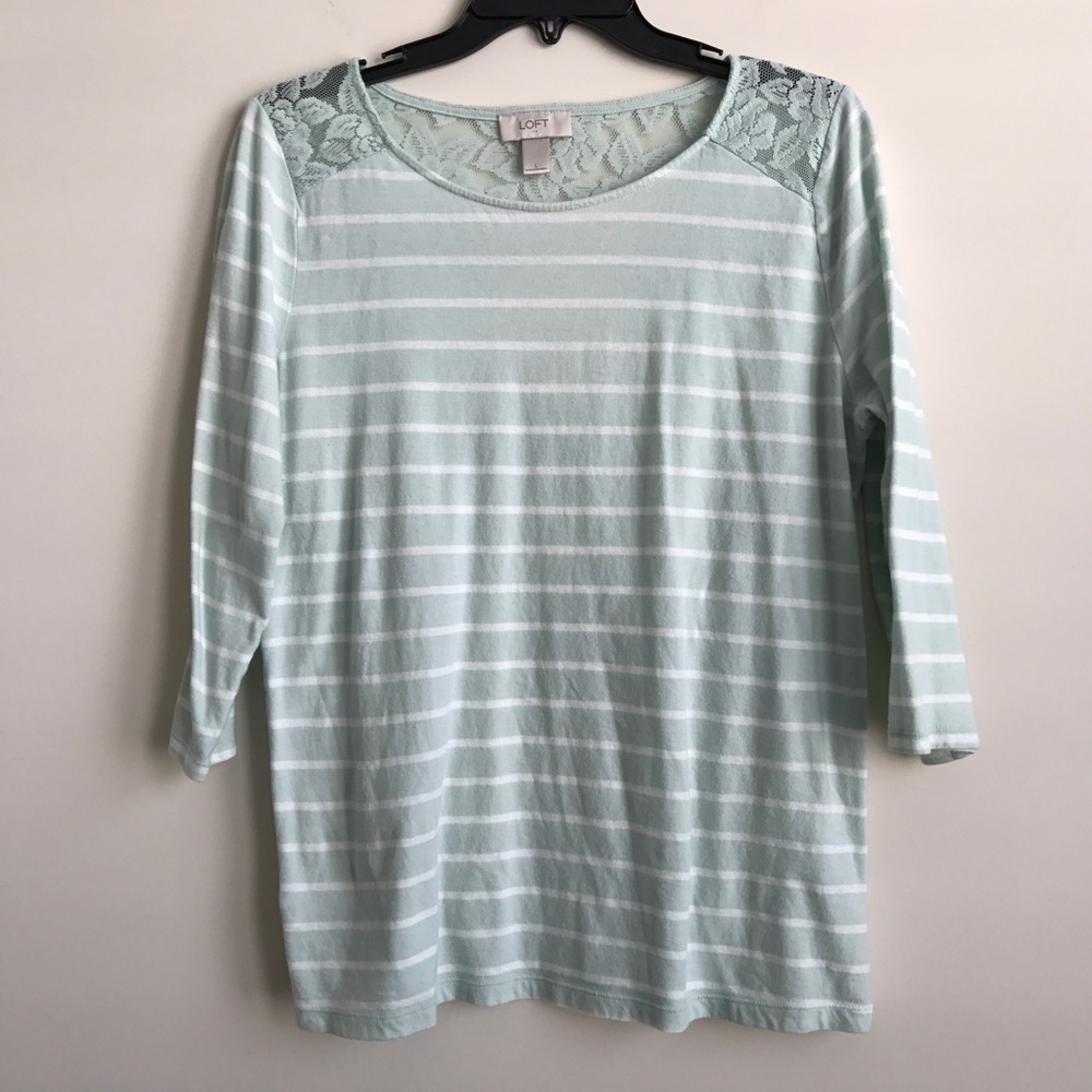 LOFT Mint Green and White Striped Lace-Shoulder Long Sleeve Tee